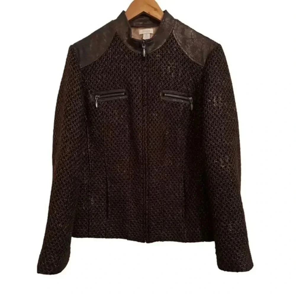 Chico's Brown Metallic Tweed Full Zip Blazer Jacket Women's Size 2 - Picture 3 of 13